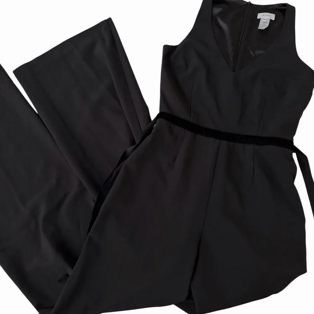 Jay Godfrey Black Wide Leg Jumpsuit Velvet Tie V-Neck Sleeveless Size 6